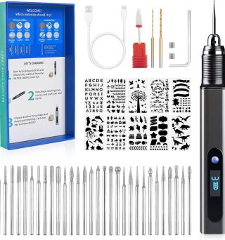 Engraving Pen Kit Rechargeable Cordless Engraver Pen with 33 Bits, 10 Stencils, Mini DIY Electric Etching Machines Rotary Tool for Carving Jewelry Stone Wood Glass Metal Plastic
