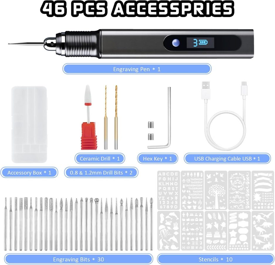 Engraving Pen Kit Rechargeable Cordless Engraver Pen with 33 Bits, 10 Stencils, Mini DIY Electric Etching Machines Rotary Tool for Carving Jewelry Stone Wood Glass Metal Plastic - Image 4