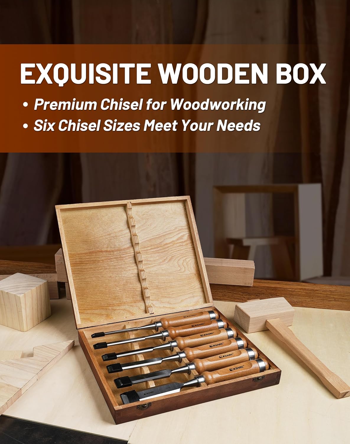 EZARC 6 Pieces Wood Chisel Tool Sets Woodworking Carving Chisel Kit with Premium Wooden Case for Carpenter Craftsman - Image 3