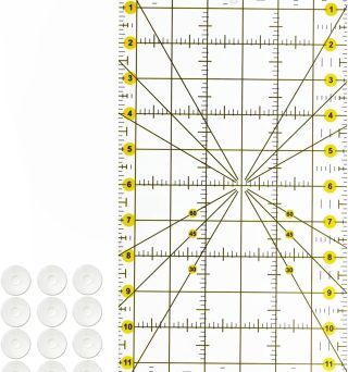 Quilting Ruler 6.5 x 12 inches with 12pcs Non-Slip Silicone Grips,Clear with Black Lines,Transparent Square Ruler