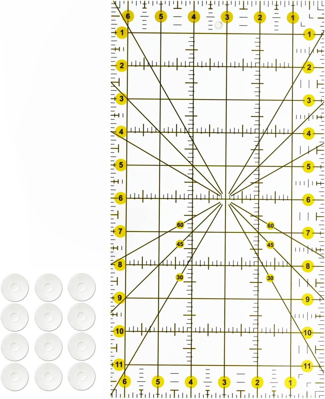Quilting Ruler 6.5 x 12 inches with 12pcs Non-Slip Silicone Grips,Clear with Black Lines,Transparent Square Ruler