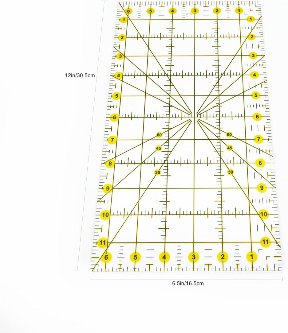Quilting Ruler 6.5 x 12 inches with 12pcs Non-Slip Silicone Grips,Clear with Black Lines,Transparent Square Ruler - Image 2