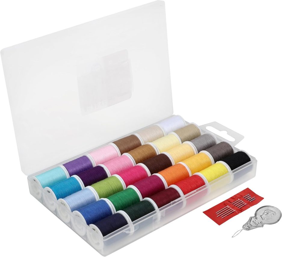 SINGER Polyester Sewing Thread Set - 30 Assorted Colors, 50 Yards per Mini Thread Spool, Sewing Kit Includes 5 Large Eye Hand Needles, 1 Needle Threader, Suitable for Hand and Machine Sewing