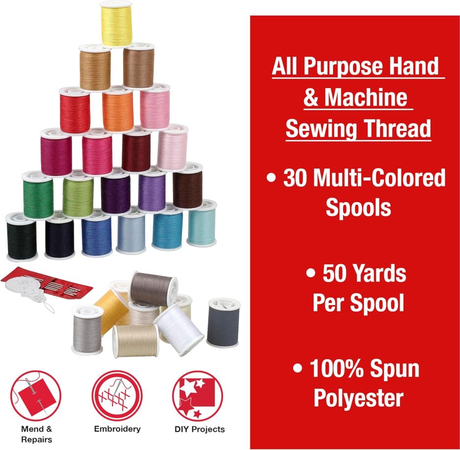 SINGER Polyester Sewing Thread Set - 30 Assorted Colors, 50 Yards per Mini Thread Spool, Sewing Kit Includes 5 Large Eye Hand Needles, 1 Needle Threader, Suitable for Hand and Machine Sewing - Image 2